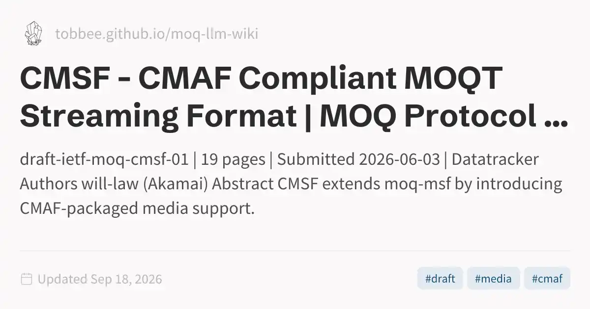 CMSF - CMAF Compliant MOQT Streaming Format | MOQ Protocol Tracker